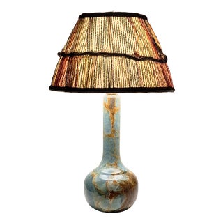 Table Lamp with Blue-Brown Marble Base and Handmade Fabric Shade, 1970s For Sale