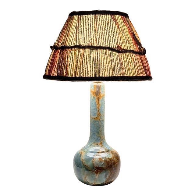 Table Lamp with Blue-Brown Marble Base and Handmade Fabric Shade, 1970s For Sale