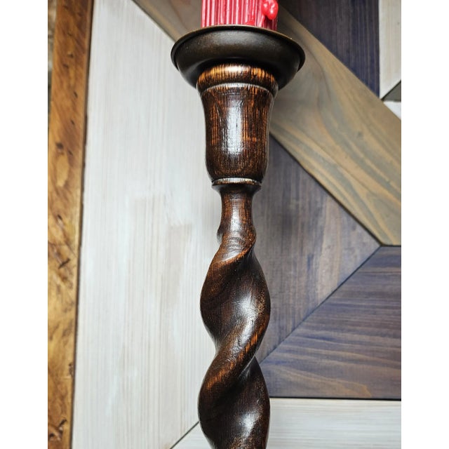 Pair of Antique English Oak Barley Twist Candlesticks For Sale - Image 9 of 14