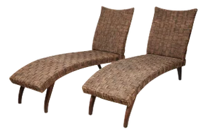 A Pair of Glen-Plaid Woven Rope and Stained Wood Chaise Lounges