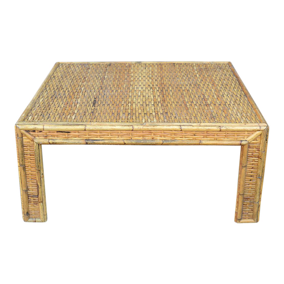 MidCentury Minimalist Boho Woven Bamboo Rattan Square Coffee Table