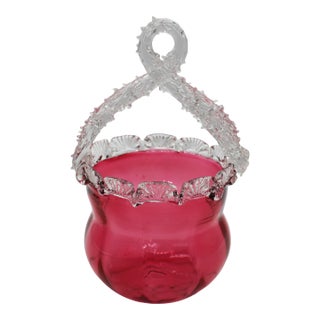 Circa 1880 English Cranberry Glass Bride's Basket With Clear Handle For Sale