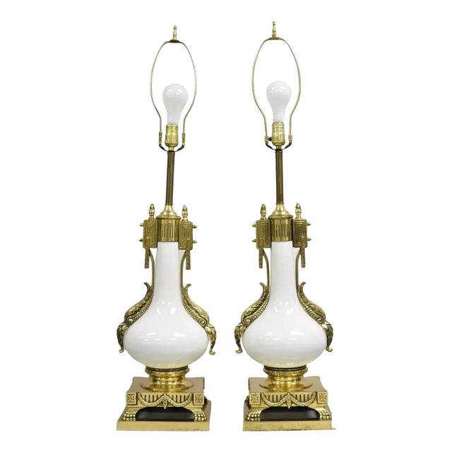 Vintage French Empire Neoclassical White Porcelain Brass Ormolu Table Lamp Pair For Sale
