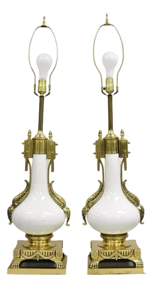 Vintage French Empire Neoclassical White Porcelain Brass Ormolu Table Lamp Pair