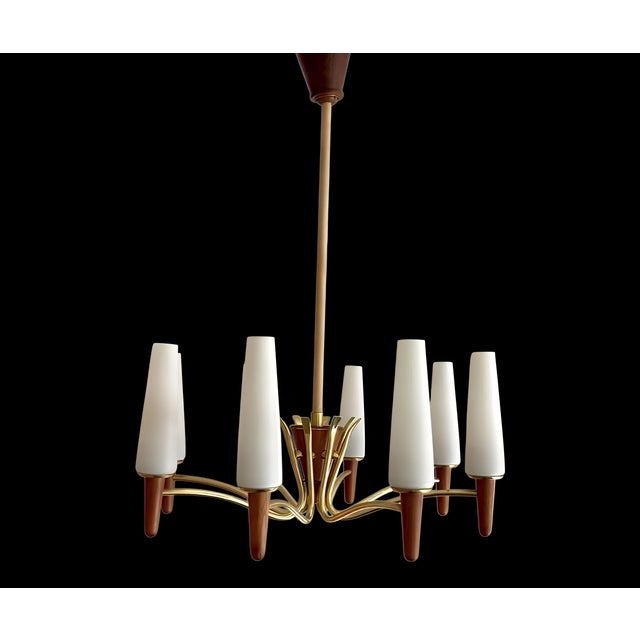Stilnovo Large Mid-Century Modern Scandinavian Teak, Glass, & Brass Chandelier in the style of Stilnovo, 1960s For Sale - Image 4 of 15
