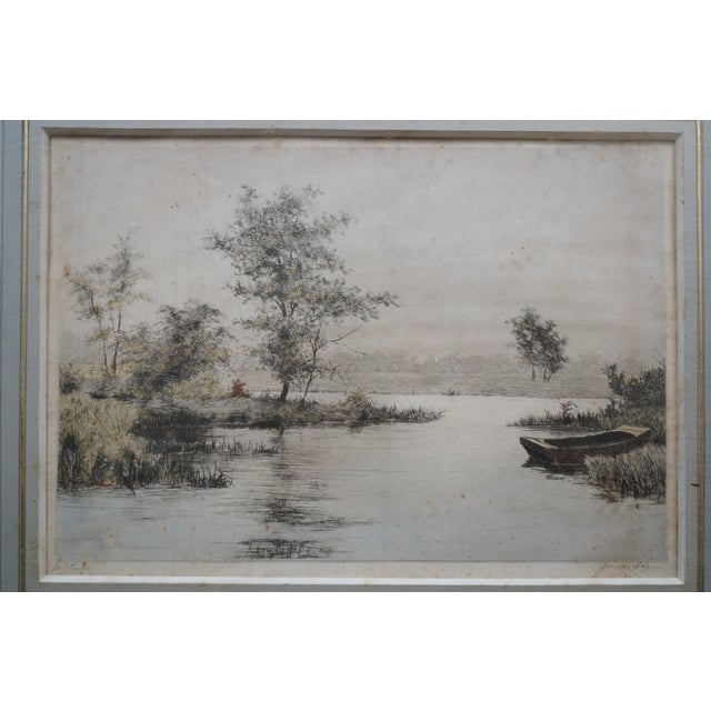 Antique James Fagan Signed Solitude Rowboat Marsh Seascape Etching 23" For Sale - Image 4 of 11