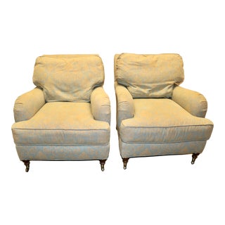 Early 21st Century Lee Industries English Arm Chairs in Damask Linen - a Pair For Sale