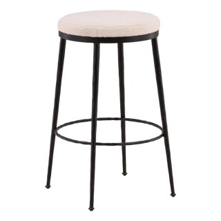Modern Ivory Boucle & Black Iron Bar Stool For Sale