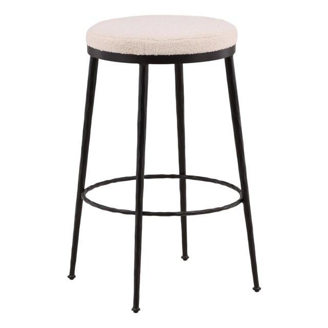 Modern Ivory Boucle & Black Iron Bar Stool For Sale