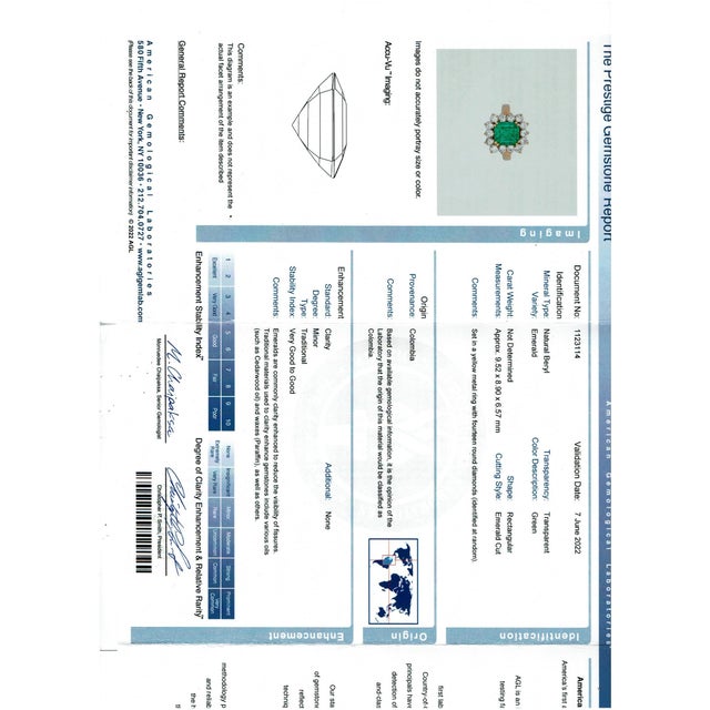 Early 20th Century Early 20th Century AGL Certified 3.85 Ct Colombian Minor Traditional Emerald & Diamond Ring 18KYG, Size 8.75 For Sale - Image 5 of 18