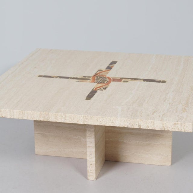 Stone Coffee Table in Travertine with Marble and Brass Inlay by Paul Kingma, 1980 For Sale - Image 7 of 11