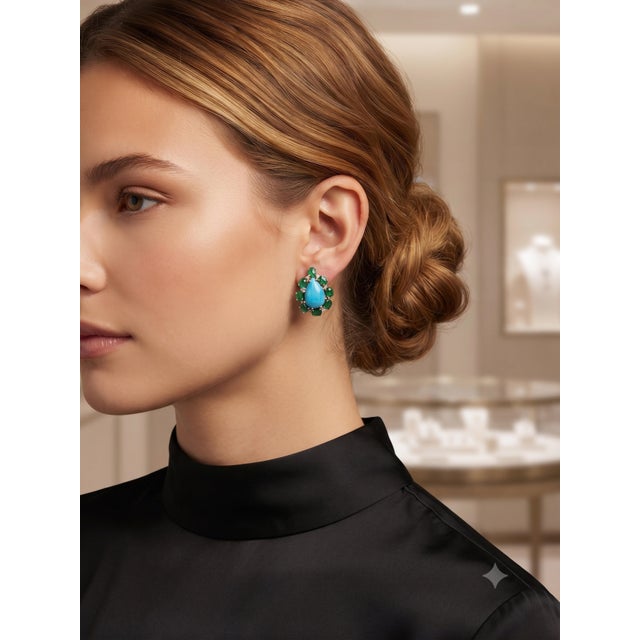 Metal Natural Emerald, Turquoise, & Diamond Earring in 14k Gold For Sale - Image 7 of 8