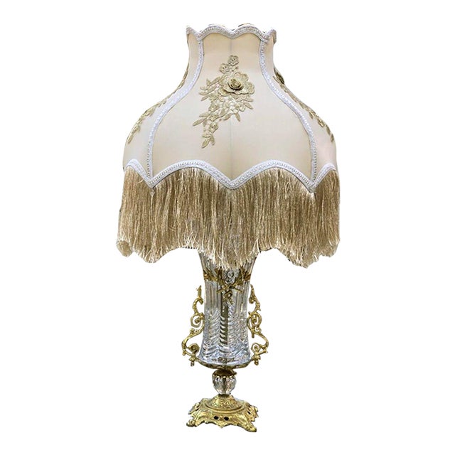 French Crystal Table Lamp – Beige & Ivory Shade With Gold Leaf For Sale
