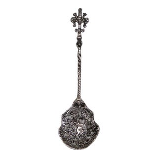 Italy Ornate Silvertone Straining Spoon Decorative Floral Cherub Motif 5143b For Sale