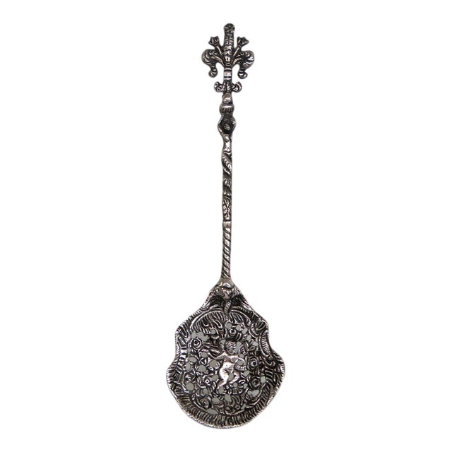 Italy Ornate Silvertone Straining Spoon Decorative Floral Cherub Motif 5143b For Sale