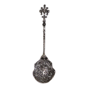 Italy Ornate Silvertone Straining Spoon Decorative Floral Cherub Motif 5143b