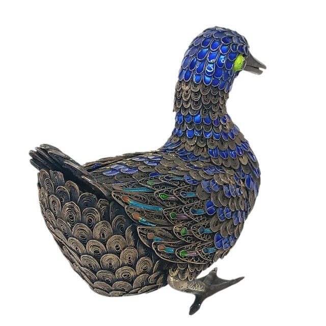 Chinese Vintage Filigree Enamel Duck Bird Figurine Sterling Silver Beak and Feet Blue & Gold With Green Eyes For Sale - Image 3 of 16