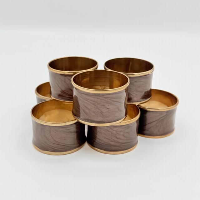 1970s Vintage Brass & Smoky Taupe Marbled Napkin Rings - Set of 8 For Sale - Image 5 of 5