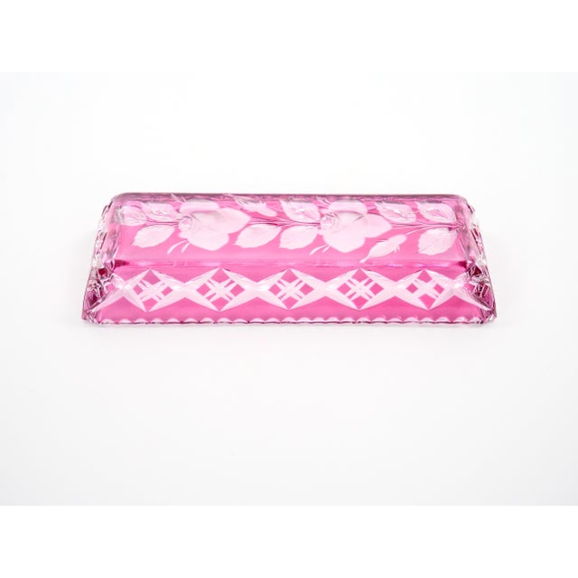 Glass Mid-Century Modern Val Saint Lambert Pink Crystal Cut and Etched Vanity Tray For Sale - Image 7 of 9