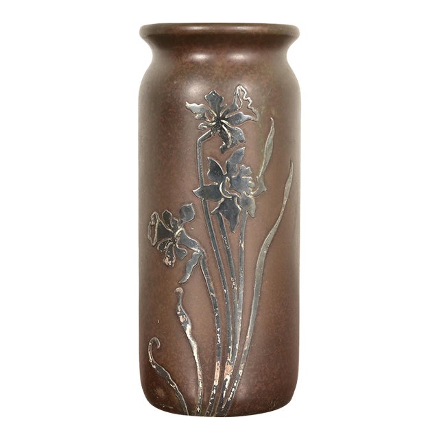 Heintz Arts & Crafts Sterling Silver on Bronze Vase With Floral Decoration For Sale