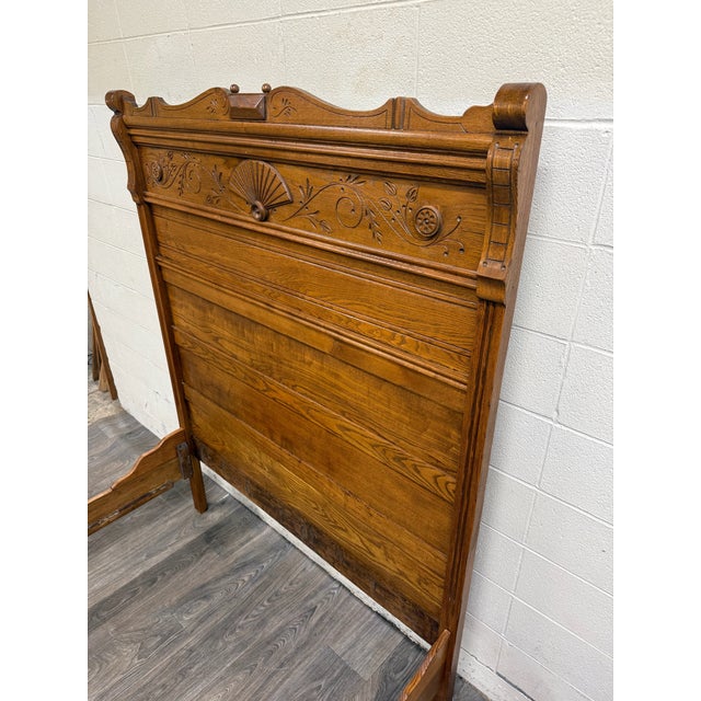 Antique Full Size Victorian Eastlake Carved Oak High Back Bed For Sale - Image 11 of 16