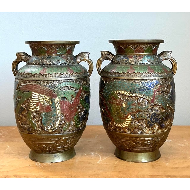 Chinoiserie Vintage Asian Cloisonné Urns - A Pair For Sale - Image 3 of 12