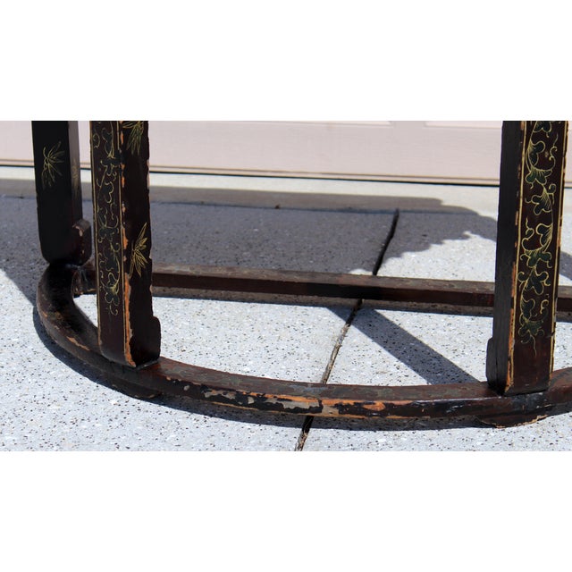 Mid 19th Century Antique 19th Century Chinese Brown Lacquer Demi-Lune Console Table | Hand-Painted Gilt Decor For Sale - Image 5 of 17