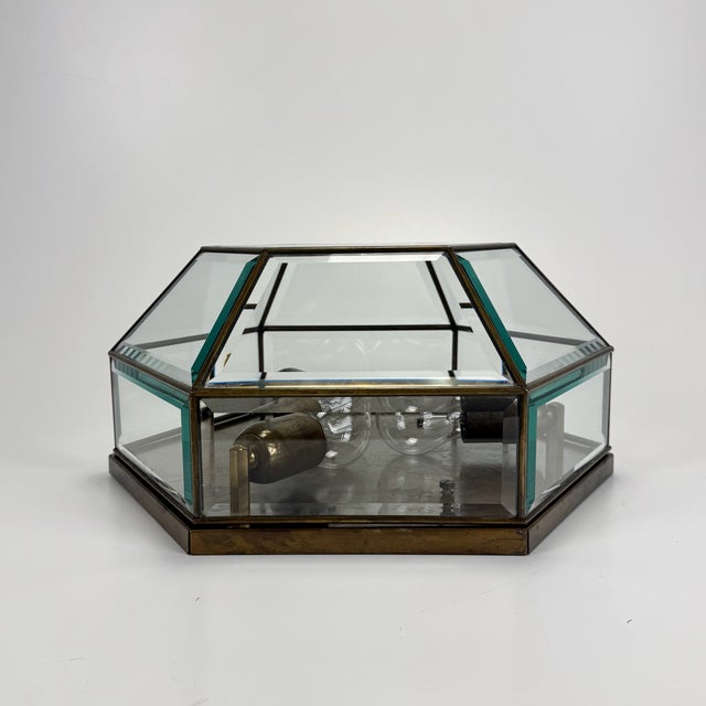 Large Beveled Cut Glass and Bronze Flush Mount, 1890s, in Flawless conditions. Designed 1890 to 1919 Up to 250V (Europe/UK...