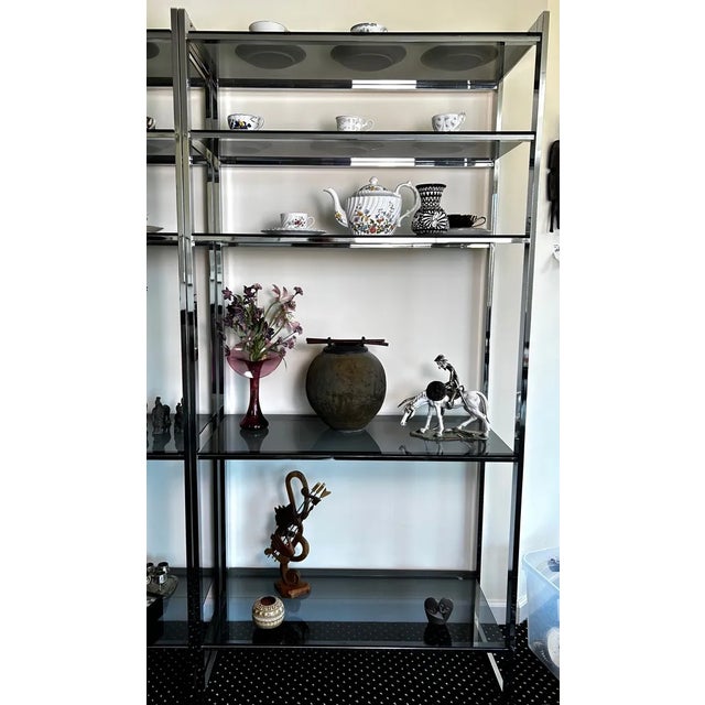 Matched Pair 1970s Chrome & Smoked-Glass Etageres 74″h – Milo Baughman Style – Estate Fresh For Sale - Image 9 of 15