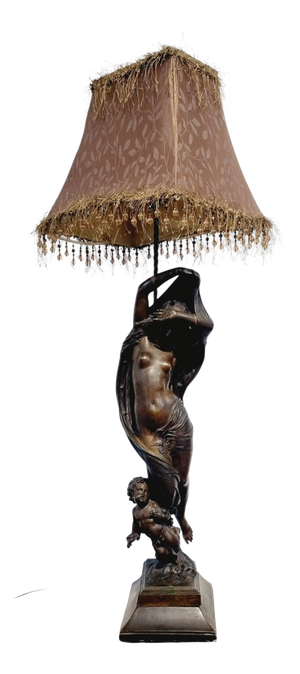 Large French Art Nouveau Bronze Lamp by M. Moreau, 1890s