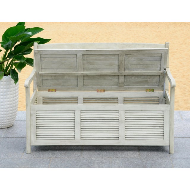 Antique White Outdoor Wood Storage Bench in Distressed White For Sale - Image 8 of 9