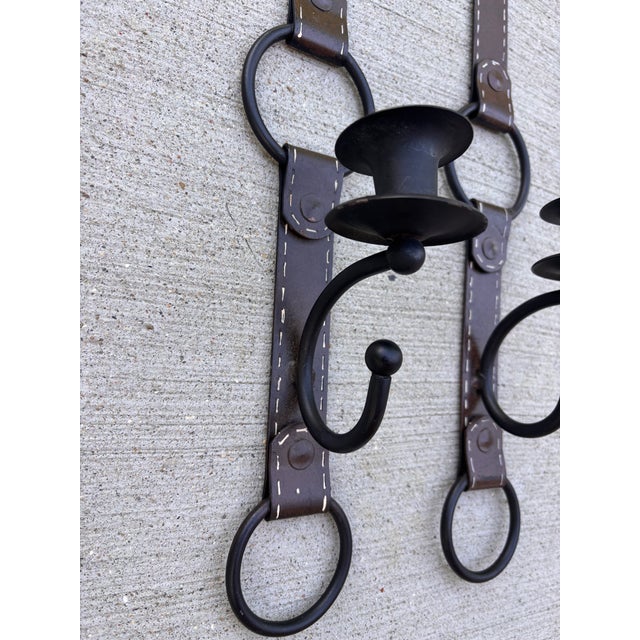 Hermès 1990s Equestrian Faux Leather Metal Candle Sconces in Style of Jacques Adnet, a Pair For Sale - Image 4 of 9