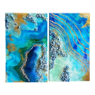 Blue Geode Wall Art Diptych Abstract Resin Painting by Tatiana Duperault For Sale
