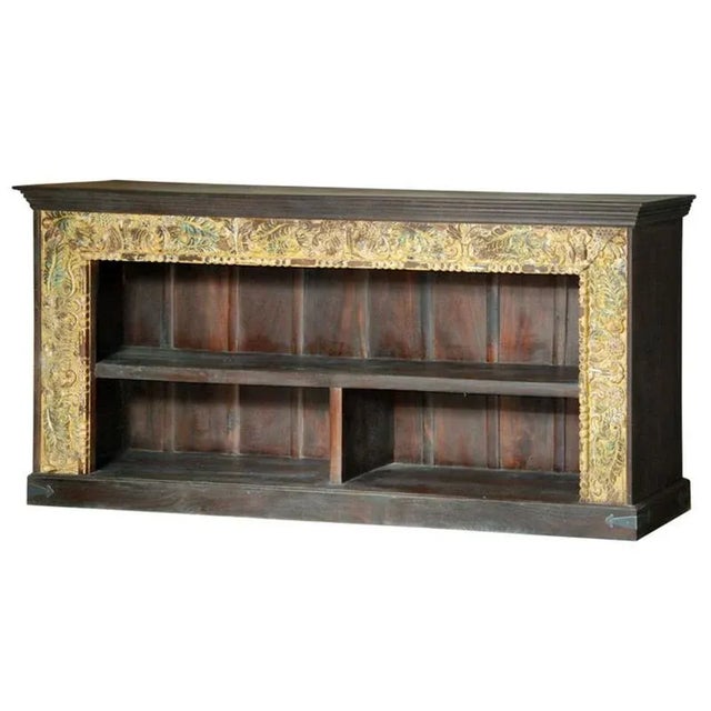 Farmhouse Rustic Carved Bookcase Farmhouse Style Hand Carved | Solid Wood Vintage Bookshelf | Media Console Entryway Hall | Unique Handmade Sofa Table For Sale - Image 3 of 3