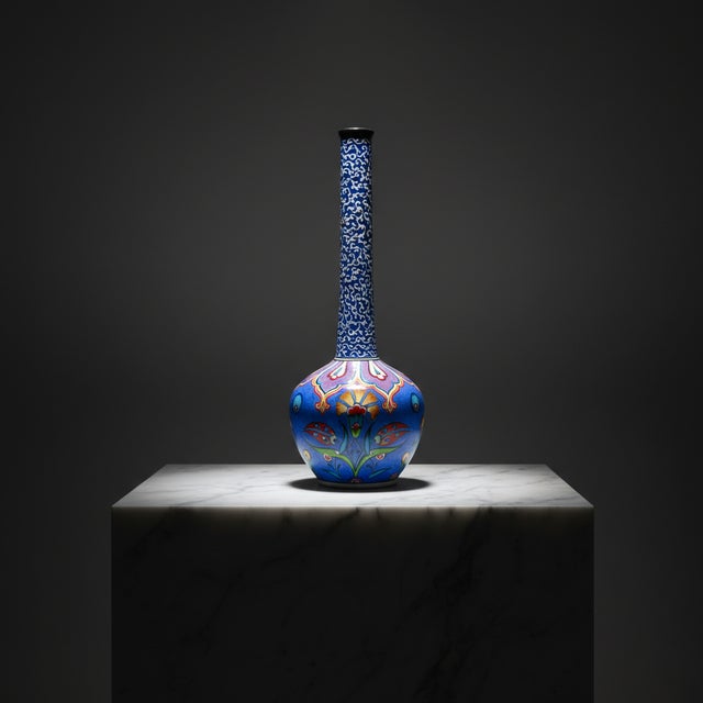 Handmade Ceramic “Topuz” Vase (35cm) Round Mace Body with Long Golden Horn Neck – Unique Mixed Pattern Decor For Sale - Image 6 of 6