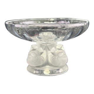 Lalique Nogent Crystal Compote | Frosted Birds Pedestal Bowl | 1960s For Sale
