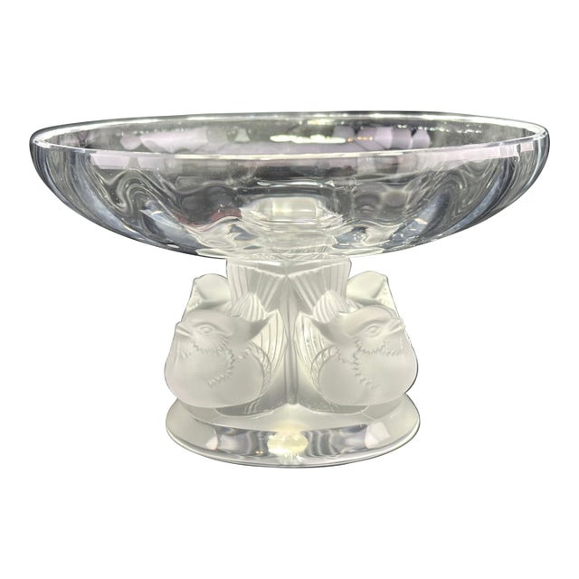 Lalique Nogent Crystal Compote | Frosted Birds Pedestal Bowl | 1960s For Sale