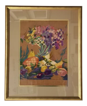 1970s Tropical Still Life Needlepoint Embroidery, Framed
