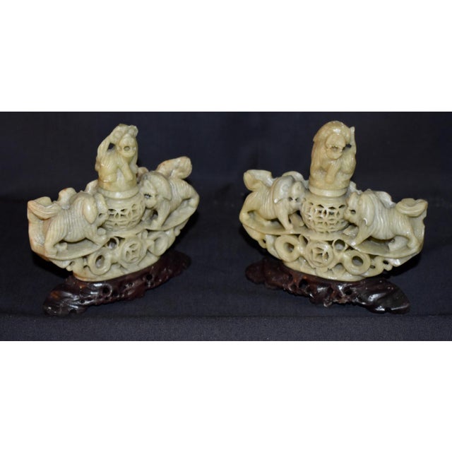 1970s Chinese Hand Carved Soapstone Incense Burner Censer Koro Foo Dogs Lions Pair For Sale - Image 5 of 12