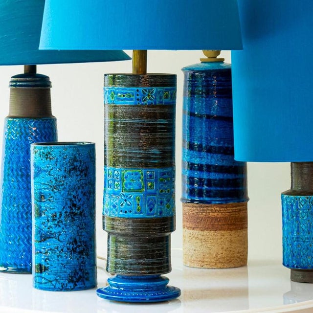Beige Aqua and Brown Ceramic Table Lamp with Blue Silk Lampshade attributed to R. Houben for Bitossi, 1970 For Sale - Image 8 of 9