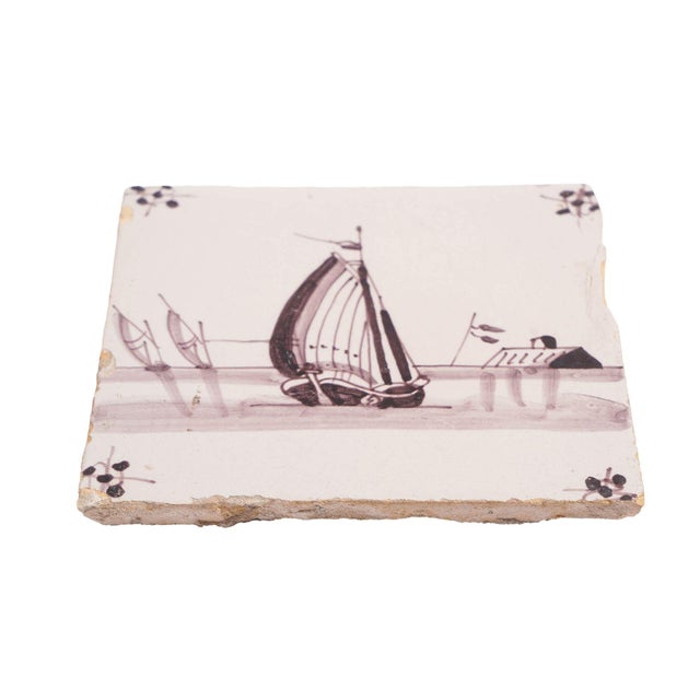 Ceramic Pair of Mulberry Faience Tiles of Sailing Vessels, C. 1700's For Sale - Image 7 of 8