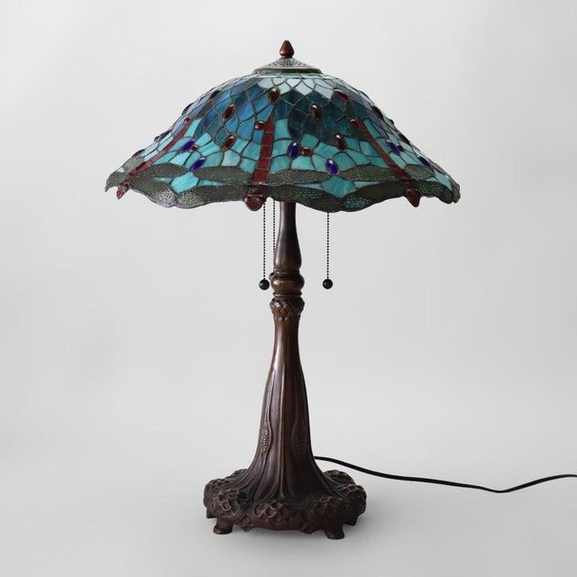 Art Nouveau Late 20th Century Tiffany Style Stained Leaded Glass Table Lamp With Jewels For Sale - Image 3 of 12