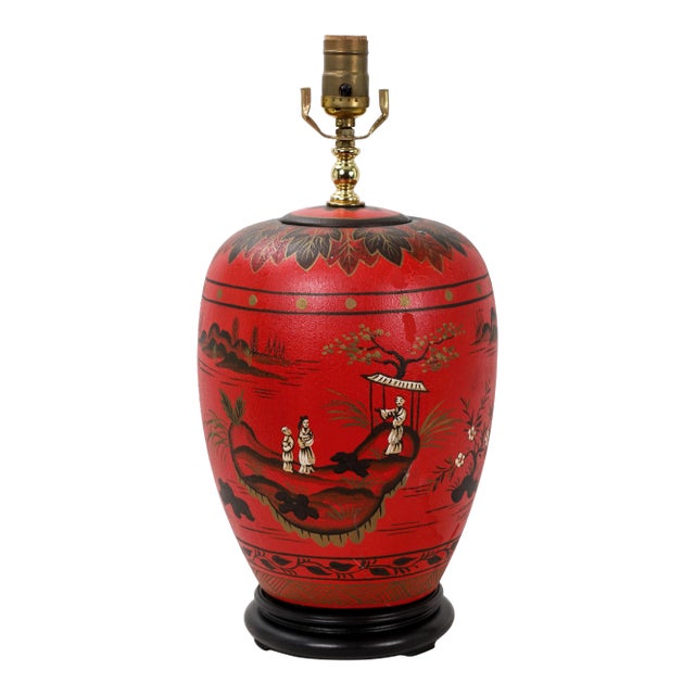 Vintage Chinoiserie Red Ginger Jar Lamp With Figured in White and Gold