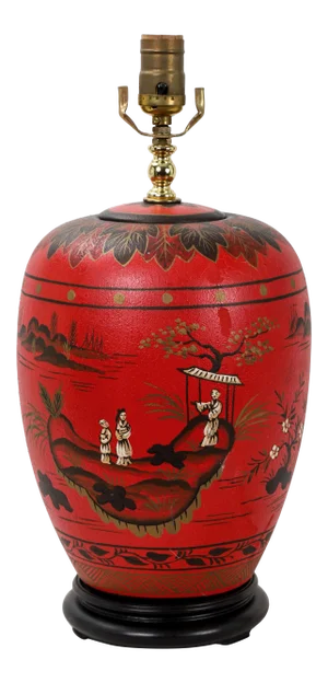 Vintage Chinoiserie Red Ginger Jar Lamp With Figured in White and Gold Color