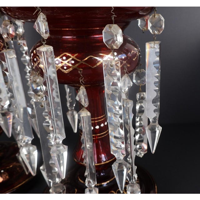 Ruby Red Pair Victorian Cranberry Glass Lusters With Double Tier Crystal Prisms & Enamel Decoration, c.1880–1895 For Sale - Image 8 of 11