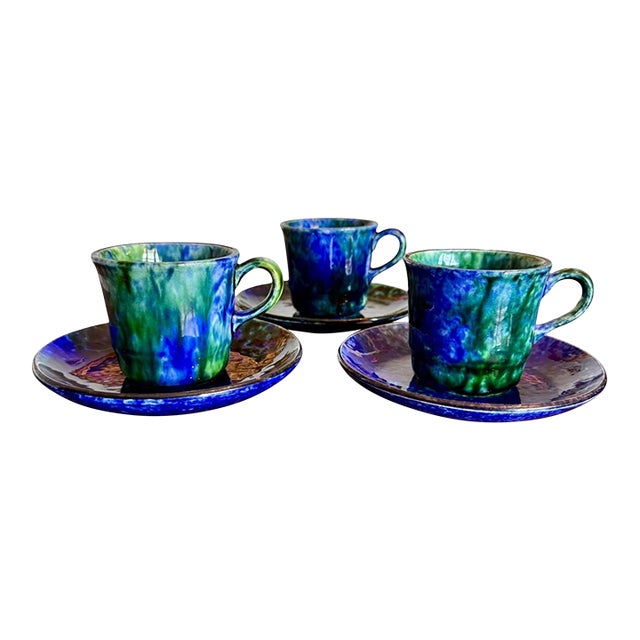 1950s Mid Century Modern Stangl Mediterranean Art Pottery Blue Green Coffee Cups Saucers - Set of 3 For Sale