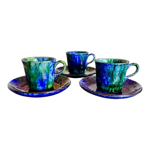 1950s Mid Century Modern Stangl Mediterranean Art Pottery Blue Green Coffee Cups Saucers - Set of 3
