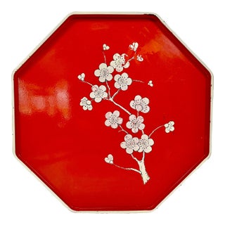 Mid-Century Boho Chic Octagonal Shaped Plastic Serving Tray With Cherry Bloosom Design For Sale