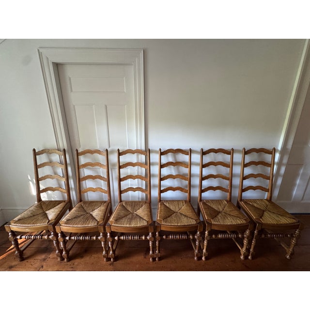 Mid 20th Century Set of 6 French Country Style Oak Ladder-Back Dining Chairs With Rush Seats For Sale - Image 5 of 9