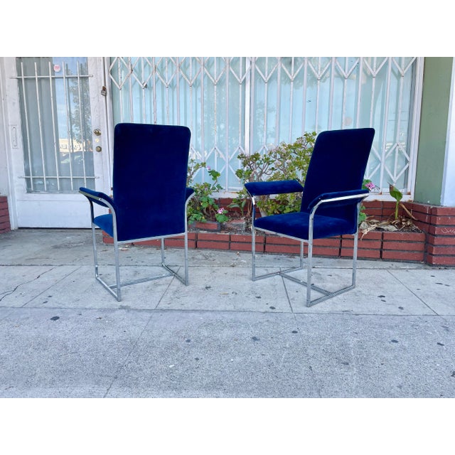 Blue 1960s Mid-Century Chrome Dining Chairs Styled After Milo Baughman - Set of 4 For Sale - Image 8 of 12